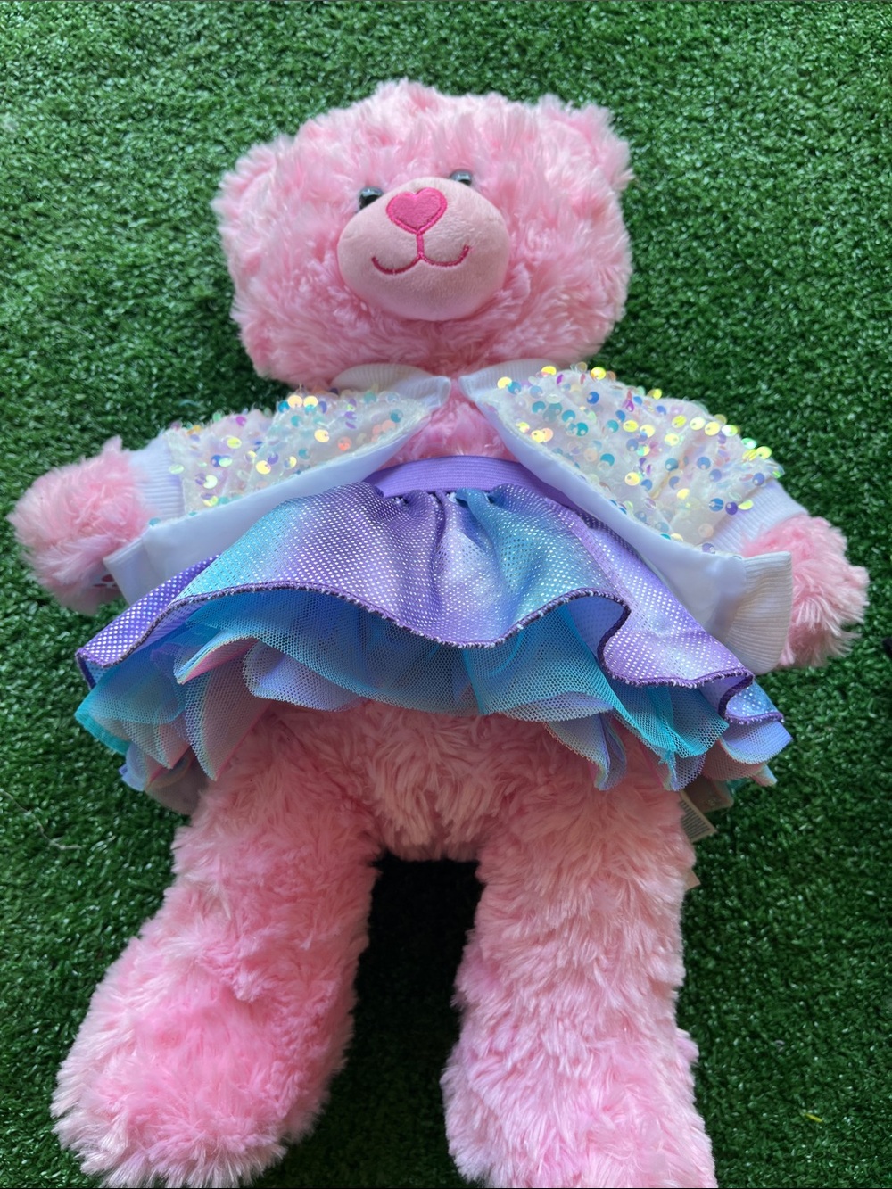 Build-A-Bear Workshop Pink Teddy Bear Plush with Heart ❤️ nose and outfit!!